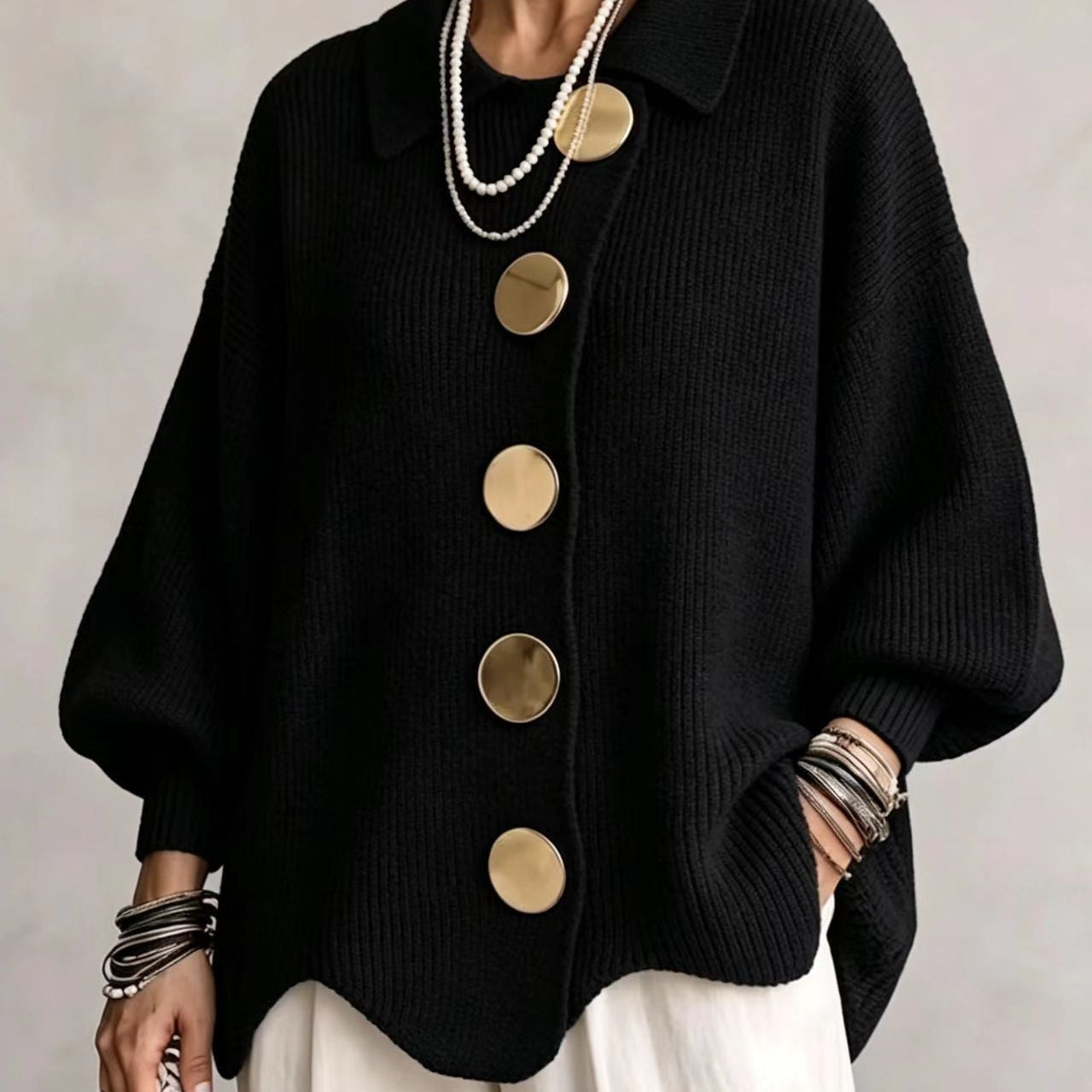 AlienDose | Oversized Collared Cardigan with Gold Buttons